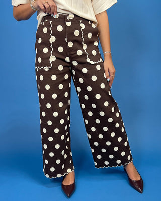 Chocolate Cream Polka Dot Scallop Detail Pants featuring a high-rise fit, wide-leg silhouette, scalloped trim
