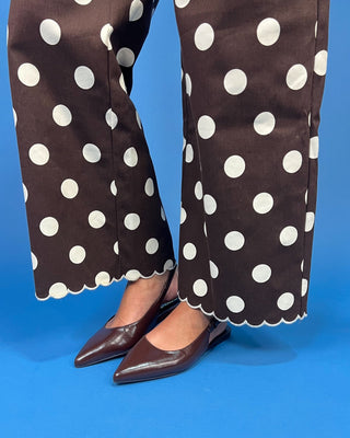 Chocolate Cream Polka Dot Scallop Detail Pants featuring a high-rise fit, wide-leg silhouette, scalloped trim