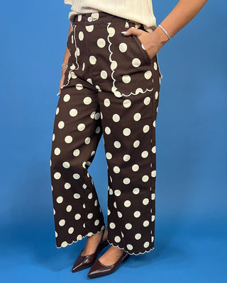Chocolate Cream Polka Dot Scallop Detail Pants featuring a high-rise fit, wide-leg silhouette, scalloped trim