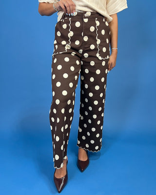 Chocolate Cream Polka Dot Scallop Detail Pants featuring a high-rise fit, wide-leg silhouette, scalloped trim