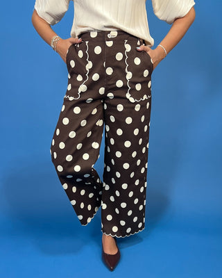 Chocolate Cream Polka Dot Scallop Detail Pants featuring a high-rise fit, wide-leg silhouette, scalloped trim