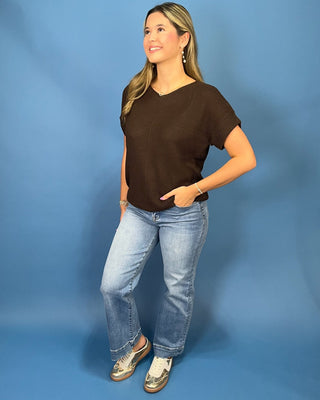 Chocolate Truffle Textured Knit Short Sleeve Top - All About You