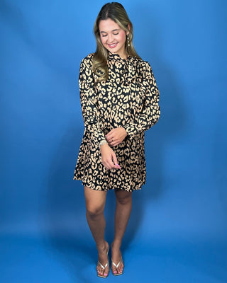 City Safari Leopard Print Tie Neck Shift Dress - All About You