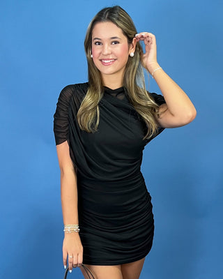 Classic Midnight Asymmetric Mesh Mini Dress - All About You