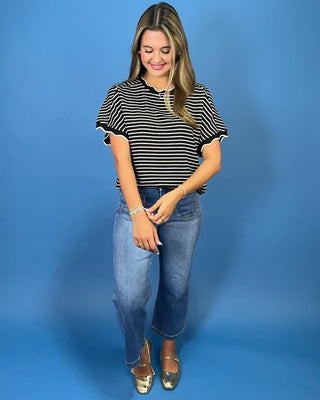 Classic Noir Stripe Ribbed Textured Top - All About You