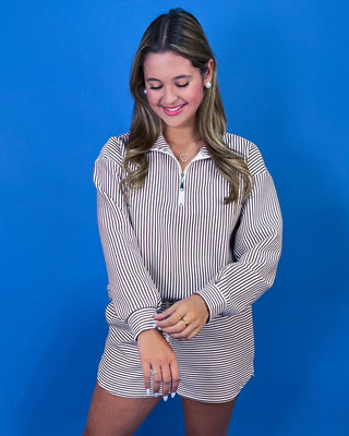 Classic Quarter Zip Brown & White Stripe Shorts Set - All About You