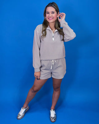 Classic Quarter Zip Brown & White Stripe Shorts Set - All About You