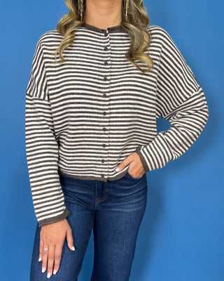 Cocoa Coast Brown Stripe Lightweight Knit Sweater Cardigan - All About You