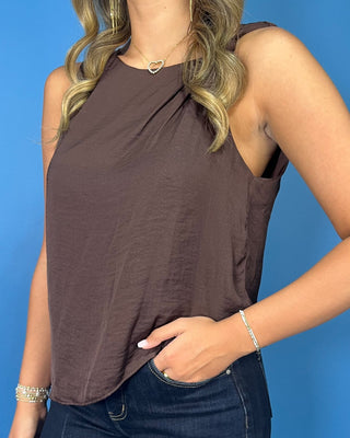 Cocoa Crush Asymmetrical Knot Shoulder Satin Top - All About You