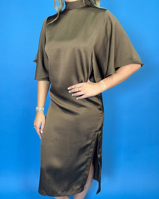Cocoa Glow Satin High Neck Midi Dress - All About You