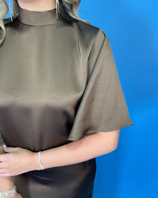 Cocoa Glow Satin High Neck Midi Dress - All About You