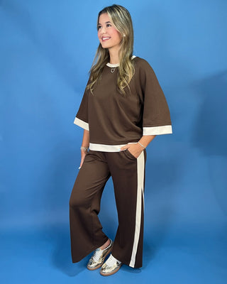 Coffee Break Contrast Trim Lounge Pants Set - All About You