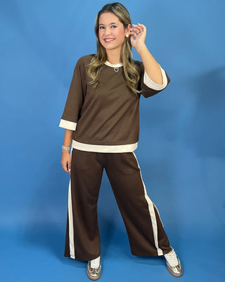 Coffee Break Contrast Trim Lounge Pants Set - All About You