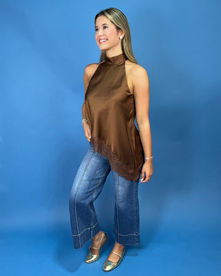 Coffee Luxe Halter Lace Detail Sleeveless Top - All About You