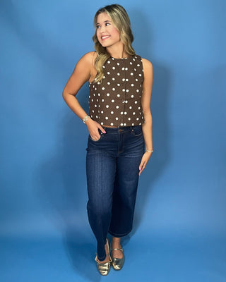 Coffee Roast Cream Polka Dot Button Up Sleeveless Top - All About You