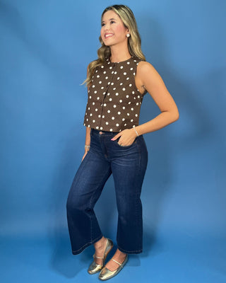 Coffee Roast Cream Polka Dot Button Up Sleeveless Top - All About You