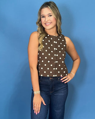Coffee Roast Cream Polka Dot Button Up Sleeveless Top - All About You