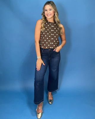 Coffee Roast Cream Polka Dot Button Up Sleeveless Top - All About You