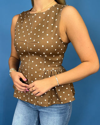 Country Cafe Denim Polka Dot Brown Peplum Top - All About You
