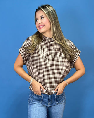 Country Charm Brown Gingham Mock Neck Top - All About You
