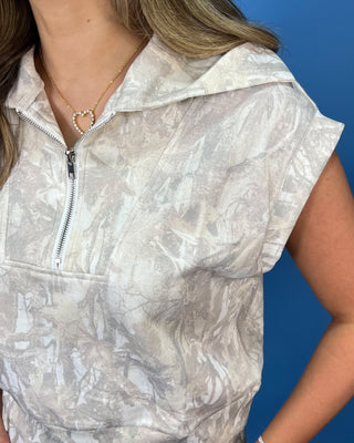 Country Roads Quater Zip Printed Camo Shorts Set - All About You