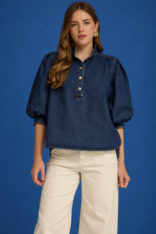 PLUS Bluebonnet Breeze Denim Button Detail 3/4 Puff Sleeve Top