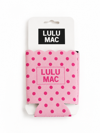 Pink polka dot product with Lulu Mac branding on a white background