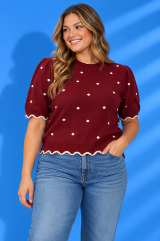 Scalloped Knit Top featuring soft knit fabric, ivory polka dots, puff sleeves, and scalloped trim for cozy boutique style.