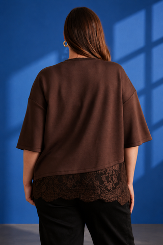 PLUS Lace & Latte Asymmetrical Lace Hem Brown Top