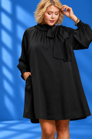 PLUS Boss Babe Satin Long Sleeve Bow Neck Mini Dress