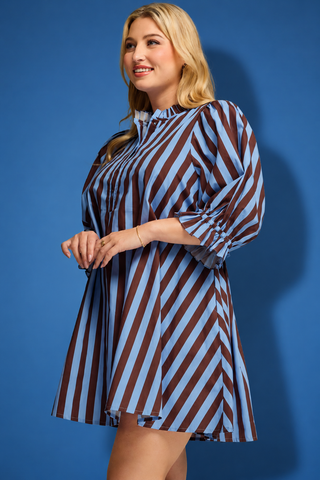 a brown and light blue vertically striped shirt dress with puff sleeves and a buttoned collar