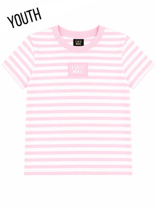A youth short-sleeve t-shirt with light pink and white horizontal stripes, featuring a small pink square patch on the left chest with the text 'LULU MAC' and a black neck label. The word 'YOUTH' is printed in black in the top-left corner.