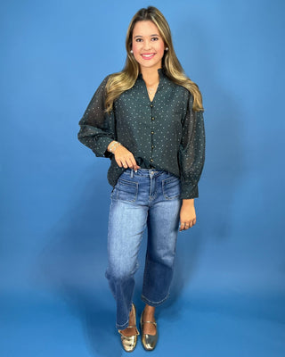Deep Teal Polka Dot V-Neck Button Up Ruffle Top - All About You