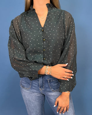 Deep Teal Polka Dot V-Neck Button Up Ruffle Top - All About You