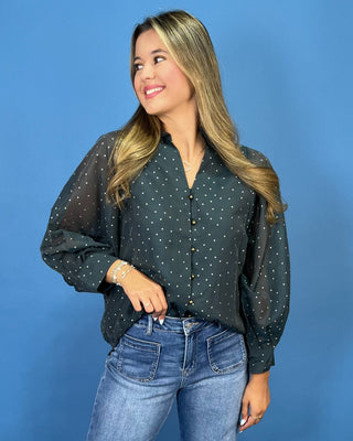 Deep Teal Polka Dot V-Neck Button Up Ruffle Top - All About You