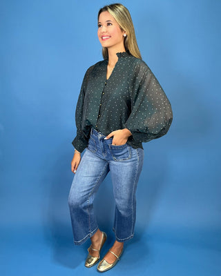 Deep Teal Polka Dot V-Neck Button Up Ruffle Top - All About You