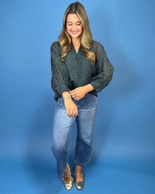 Deep Teal Polka Dot V-Neck Button Up Ruffle Top - All About You