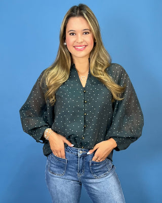 Deep Teal Polka Dot V-Neck Button Up Ruffle Top - All About You