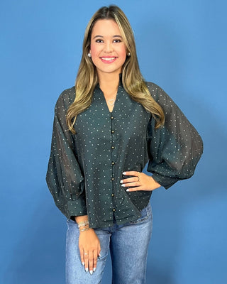 Deep Teal Polka Dot V-Neck Button Up Ruffle Top - All About You
