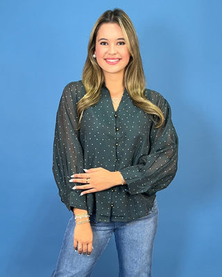 Deep Teal Polka Dot V-Neck Button Up Ruffle Top - All About You