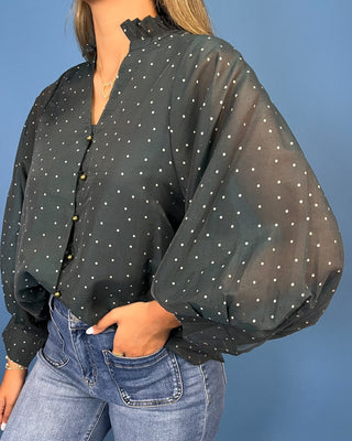 Deep Teal Polka Dot V-Neck Button Up Ruffle Top - All About You