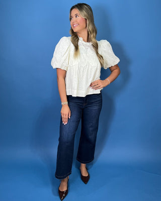 Delicate Daisy Cream Eyelet Puff Sleeve Lace Detail Top - All About You