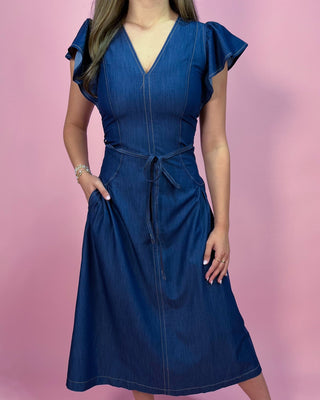 Denim Darling Flutter Sleeve Belted A - Line Midi Dress - All About You Boutique & Gifts