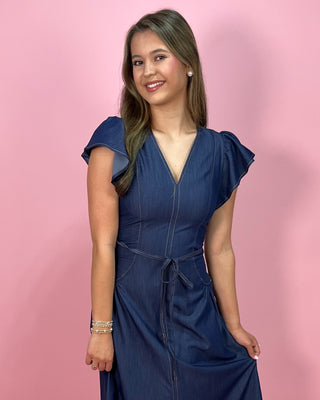 Denim Darling Flutter Sleeve Belted A - Line Midi Dress - All About You Boutique & Gifts