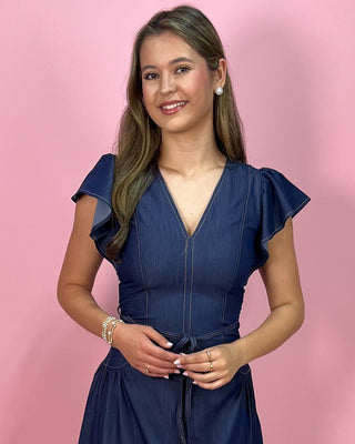Denim Darling Flutter Sleeve Belted A - Line Midi Dress - All About You Boutique & Gifts
