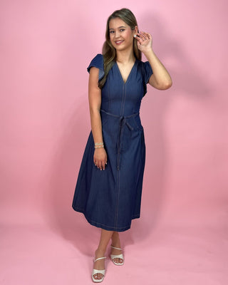 Denim Darling Flutter Sleeve Belted A - Line Midi Dress - All About You Boutique & Gifts