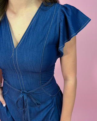 Denim Darling Flutter Sleeve Belted A - Line Midi Dress - All About You Boutique & Gifts