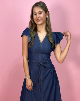 Denim Darling Flutter Sleeve Belted A - Line Midi Dress - All About You Boutique & Gifts