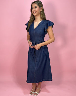 Denim Darling Flutter Sleeve Belted A - Line Midi Dress - All About You Boutique & Gifts
