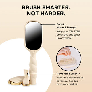 Telesbeauty brush with mirror and storage feature on a beige background